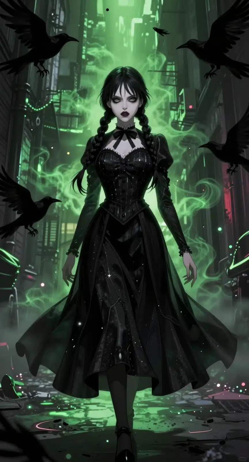 والپیپر انیمه‌ای ونزدی آدامز در یک کوچه تاریک با نورپردازی دراماتیک