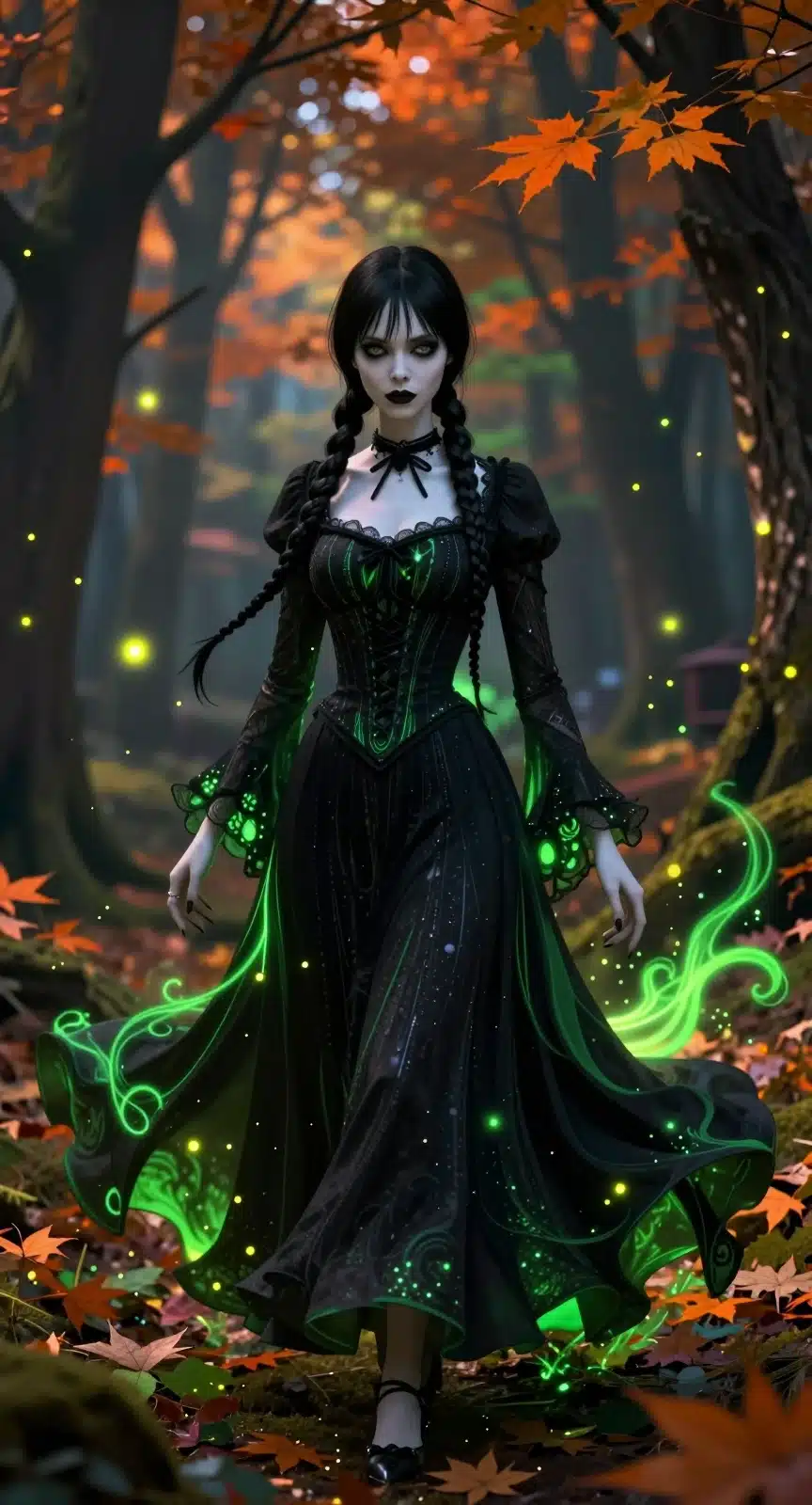 ونزدی آدامز در جنگل اسرارآمیز با لباس سیاه و جلوه‌های نئونی سبز