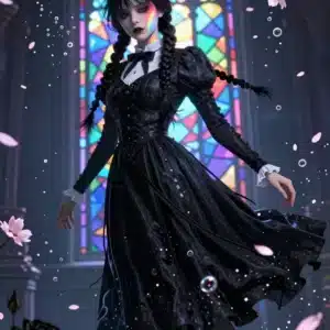 والپیپر انیمه‌ای ونزدی آدامز در محیط زیر آب با گل‌های گیلاس و نورهای رنگی