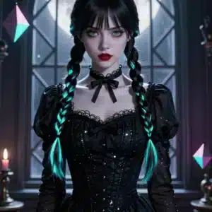 والپیپر ونزدی آدامز با طرح گوتیک و نورهای نئون آبی و صورتی در پس زمینه تاریک