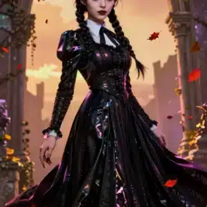 والپیپر انیمه‌ای ونزدی آدامز در پس‌زمینه‌ی گوتیک با نورپردازی سینمایی