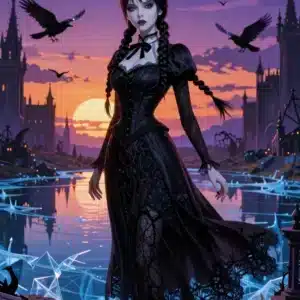 والپیپر ونزدی آدامز با لباس مشکی در منظر گوتیک با افکت فیش‌آی و نورپردازی بنفش