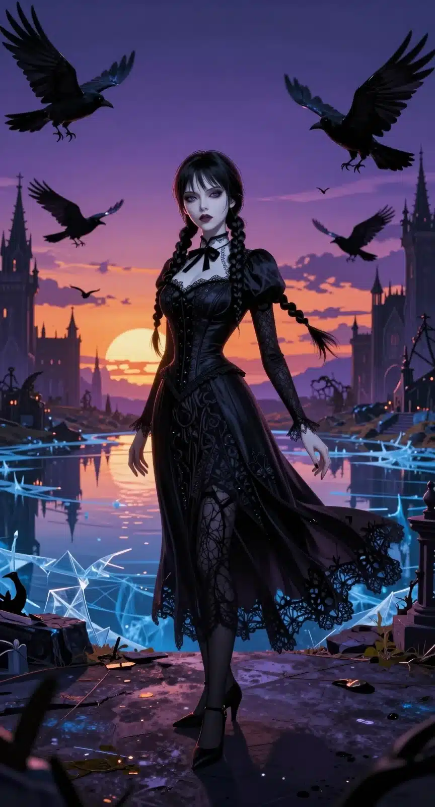 والپیپر ونزدی آدامز با لباس مشکی در منظر گوتیک با افکت فیش‌آی و نورپردازی بنفش