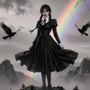 ونزدی آدامز در قله کوه مه‌آلود با لباس سیاه و نورپردازی سینمایی