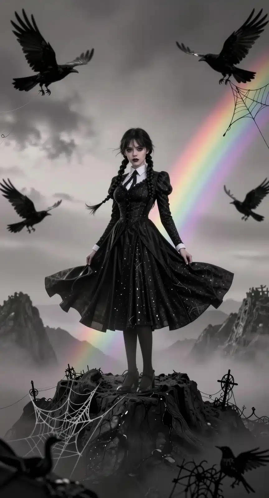 ونزدی آدامز در قله کوه مه‌آلود با لباس سیاه و نورپردازی سینمایی