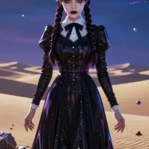 والپیپر انیمه‌ای ونزدی آدامز در بیابان سورئال با نور نئون و طرح سایبرپانک