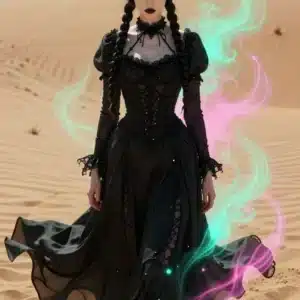 والپیپر ونزدی آدامز با لباس مشکی در بیابان با جلوه‌های نئونی آبی و صورتی