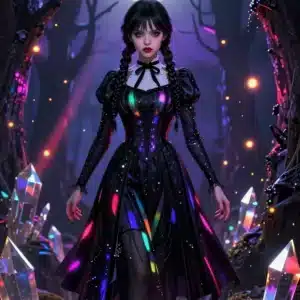 والپیپر انیمه 8K ونزدی آدامز در جنگل جادویی با نورهای نئونی و طراحی گوتیک