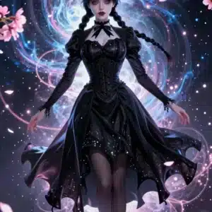 پرتره انیمه‌ای ونزدی آدامز در فضا با گل‌های ساکورای نئونی و پس‌زمینه کیهانی