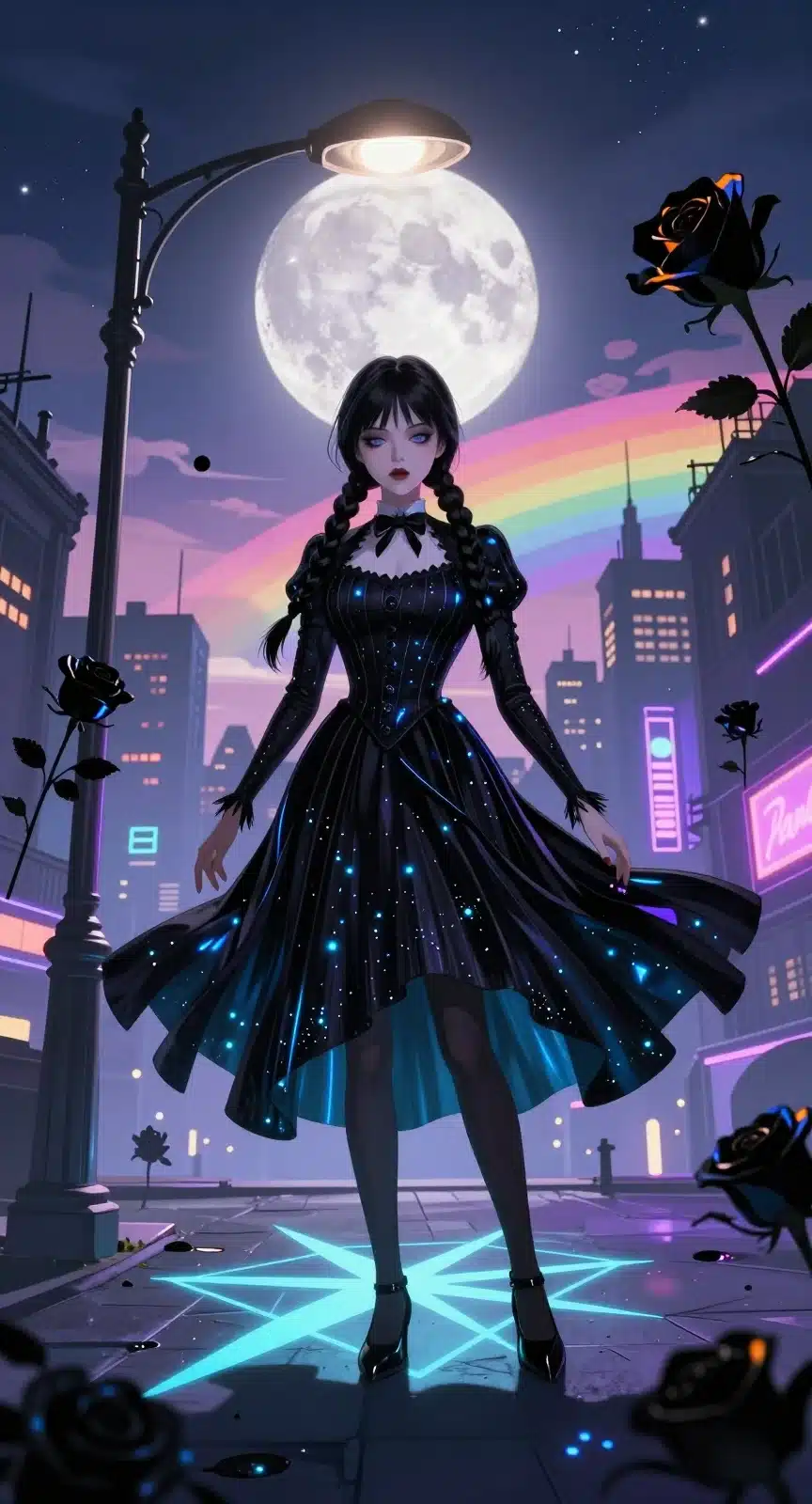 والپیپر انیمه ونزدی آدامز با کیفیت 8K در شب شهری رویایی با نورهای نئون