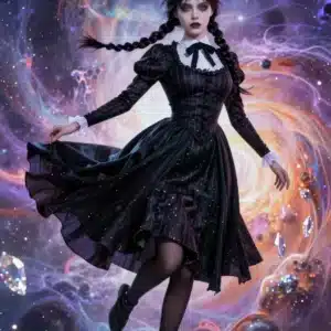 والپیپر انیمه ونزدی آدامز در فضا با لباس سیاه و موهای بافته شده، در میان کریستال های درخشان و سحابی های رنگارنگ