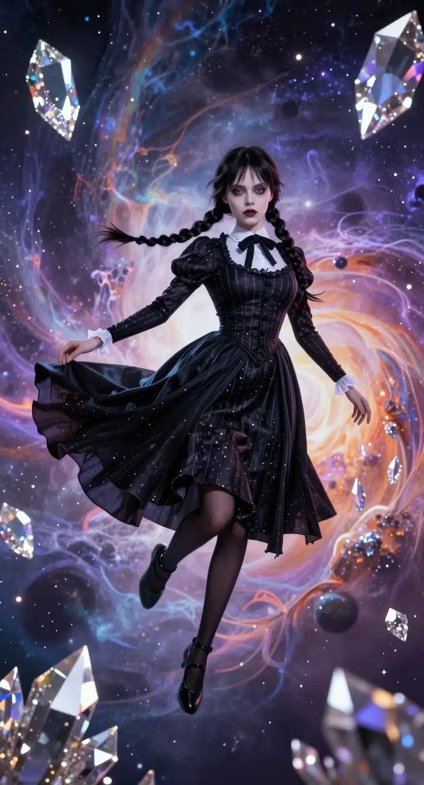 والپیپر انیمه ونزدی آدامز در فضا با لباس سیاه و موهای بافته شده، در میان کریستال های درخشان و سحابی های رنگارنگ
