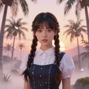 والپیپر انیمه‌ای ونزدی در یک منظره استوایی با گل‌های ساکورا و نورپردازی رویایی