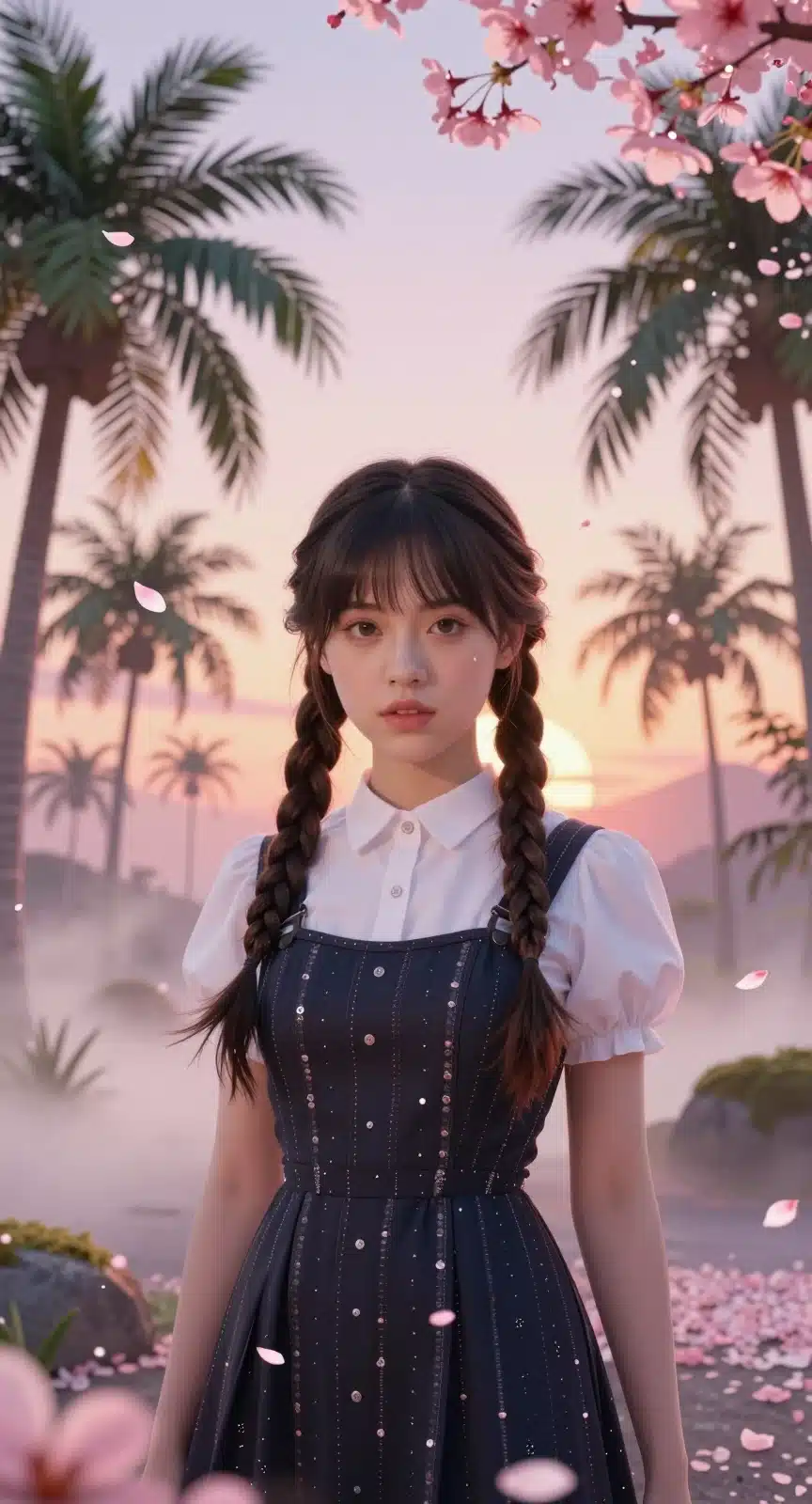 والپیپر انیمه‌ای ونزدی در یک منظره استوایی با گل‌های ساکورا و نورپردازی رویایی