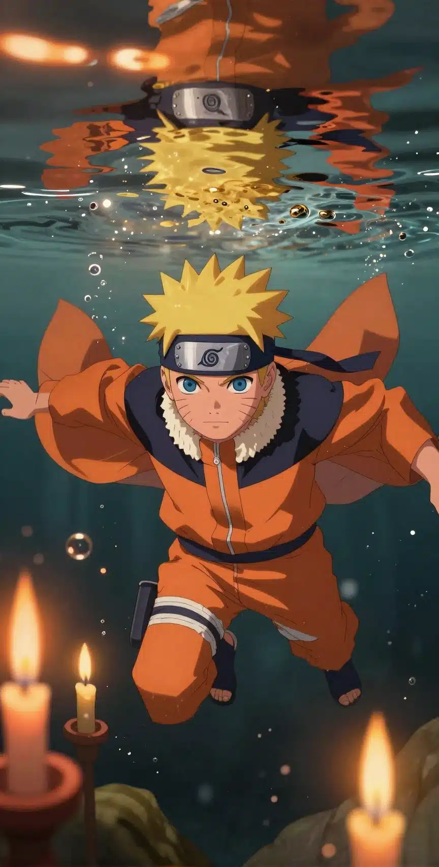 والپیپر ناروتو اوزوماکی در صحنه زیرآبی با نورهای نارنجی و طلایی