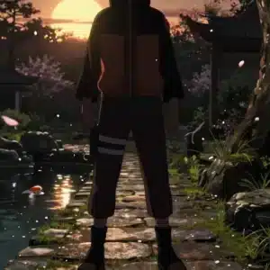 والپیپر ناروتو در باغ اسرارآمیز با نورپردازی دراماتیک و گل‌های گیلاس در حال پرواز