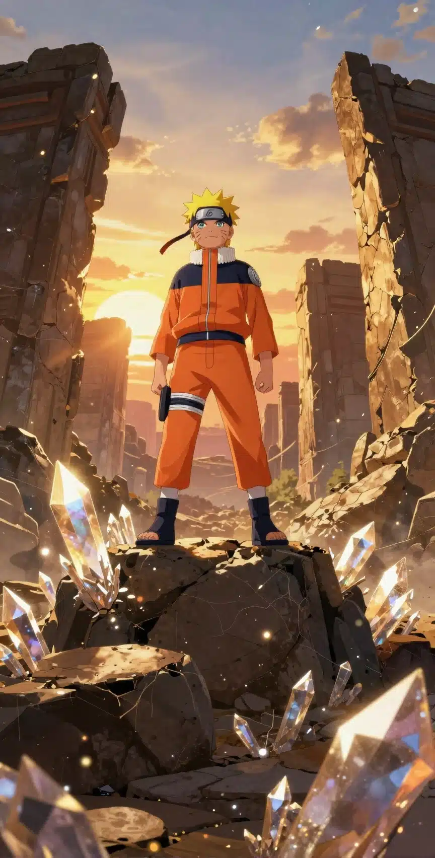 والپیپر ناروتو در میان ویرانه‌های باستانی با نور طلایی غروب