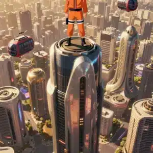 والپیپر ناروتو در بالای آسمان‌خراش مدرن با نور طلایی غروب