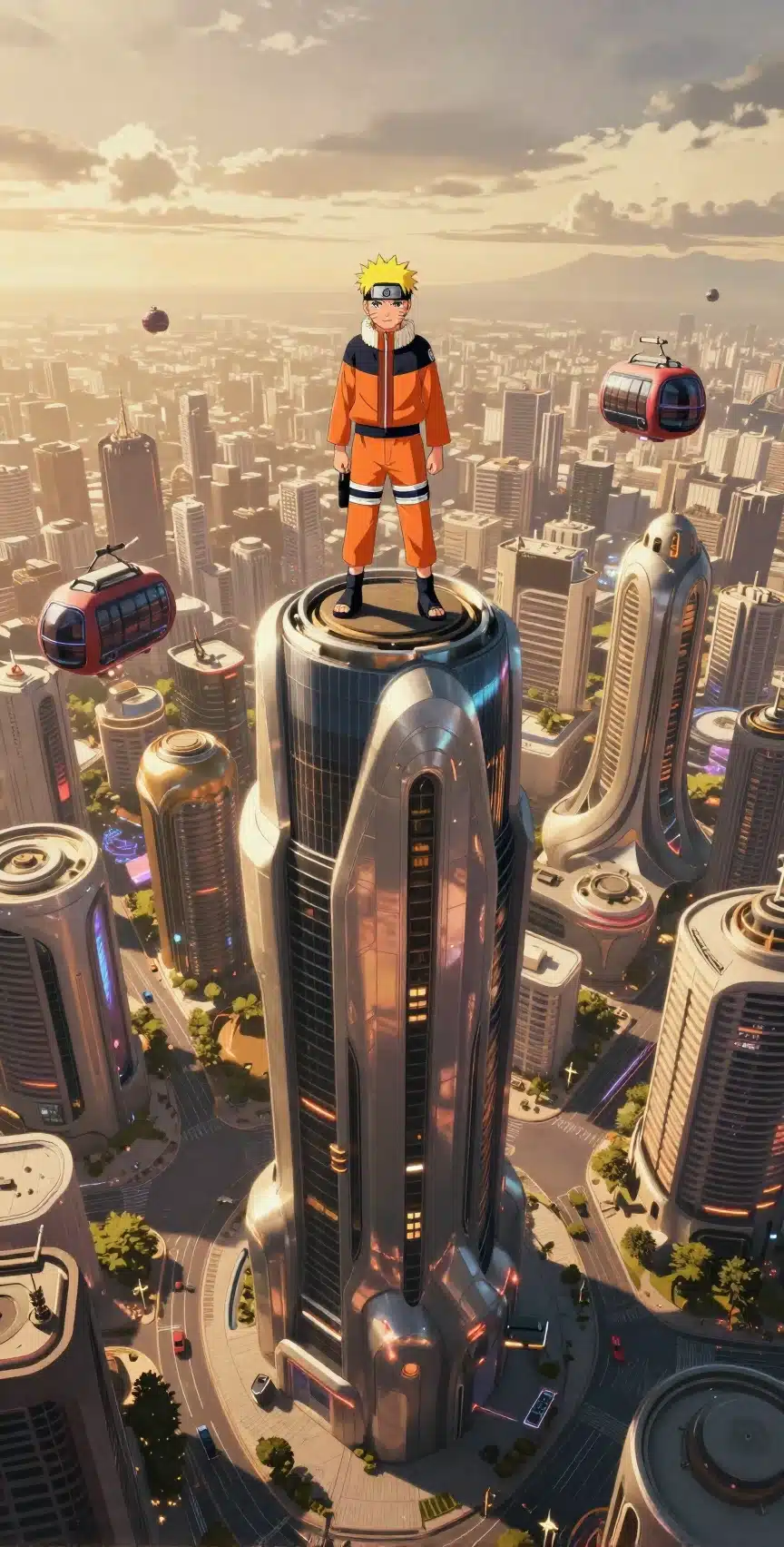 والپیپر ناروتو در بالای آسمان‌خراش مدرن با نور طلایی غروب