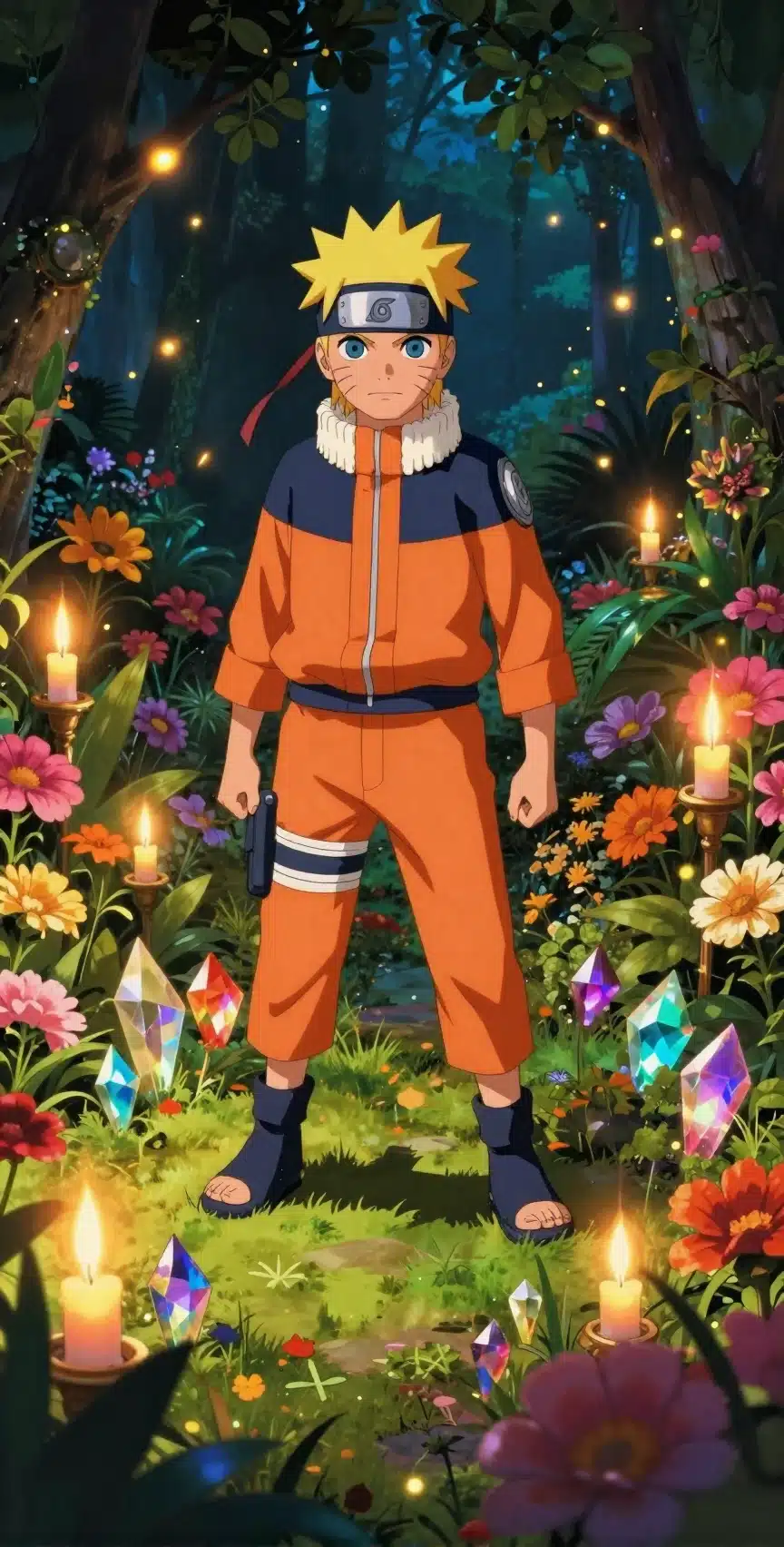 والپیپر ناروتو در یک باغ رویایی با نورهای جادویی و رنگ‌های زنده