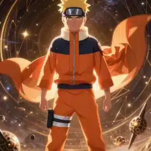 والپیپر ناروتو اوزوماکی در فضای کیهانی با نور طلایی و الگوهای هندسی