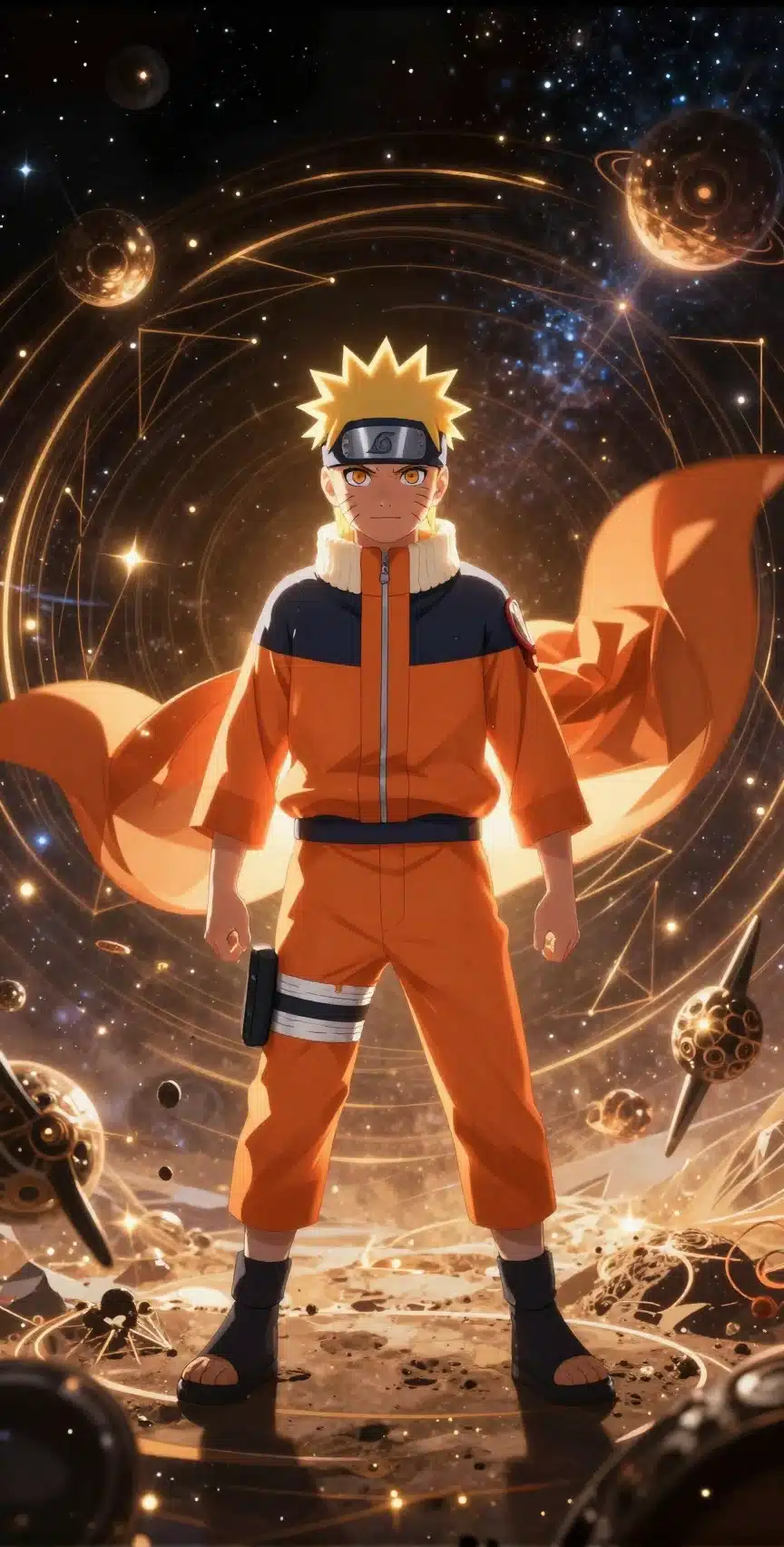 والپیپر ناروتو اوزوماکی در فضای کیهانی با نور طلایی و الگوهای هندسی